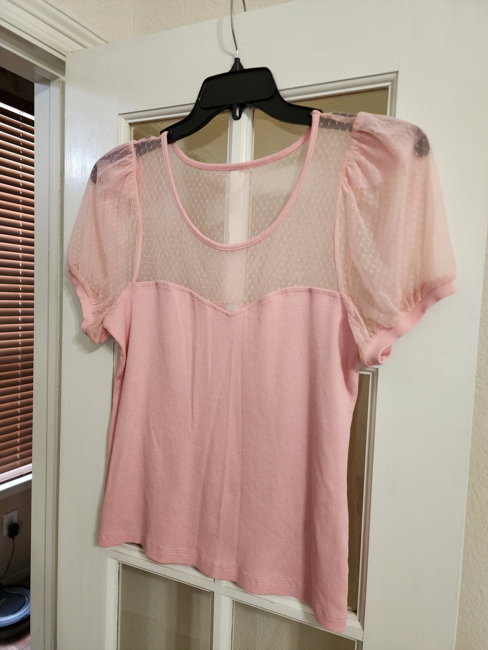 Maeve Anthropologie XL Pink Ribbed Mesh Puff Sleeve Swiss Dot Top - Picture 2 of 10